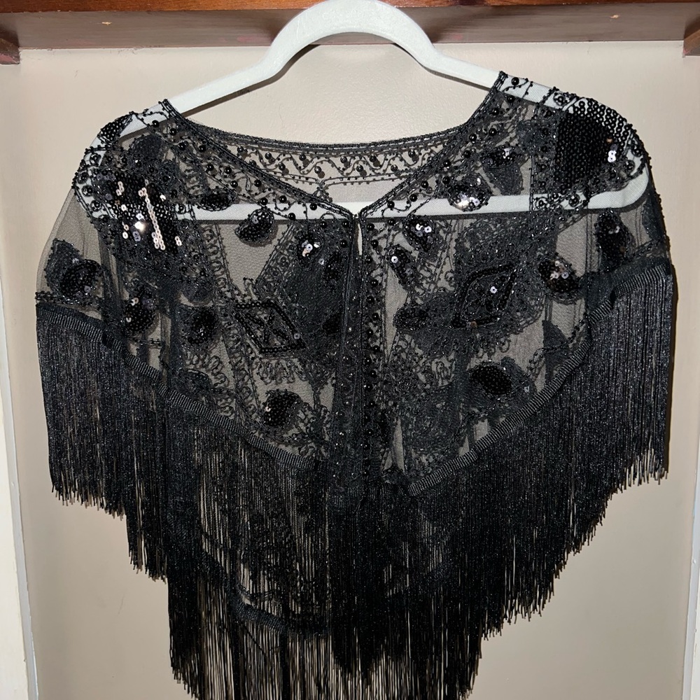 Black Beaded Fringe Shawl - Elegant Evening Wrap - Picture 2 of 3